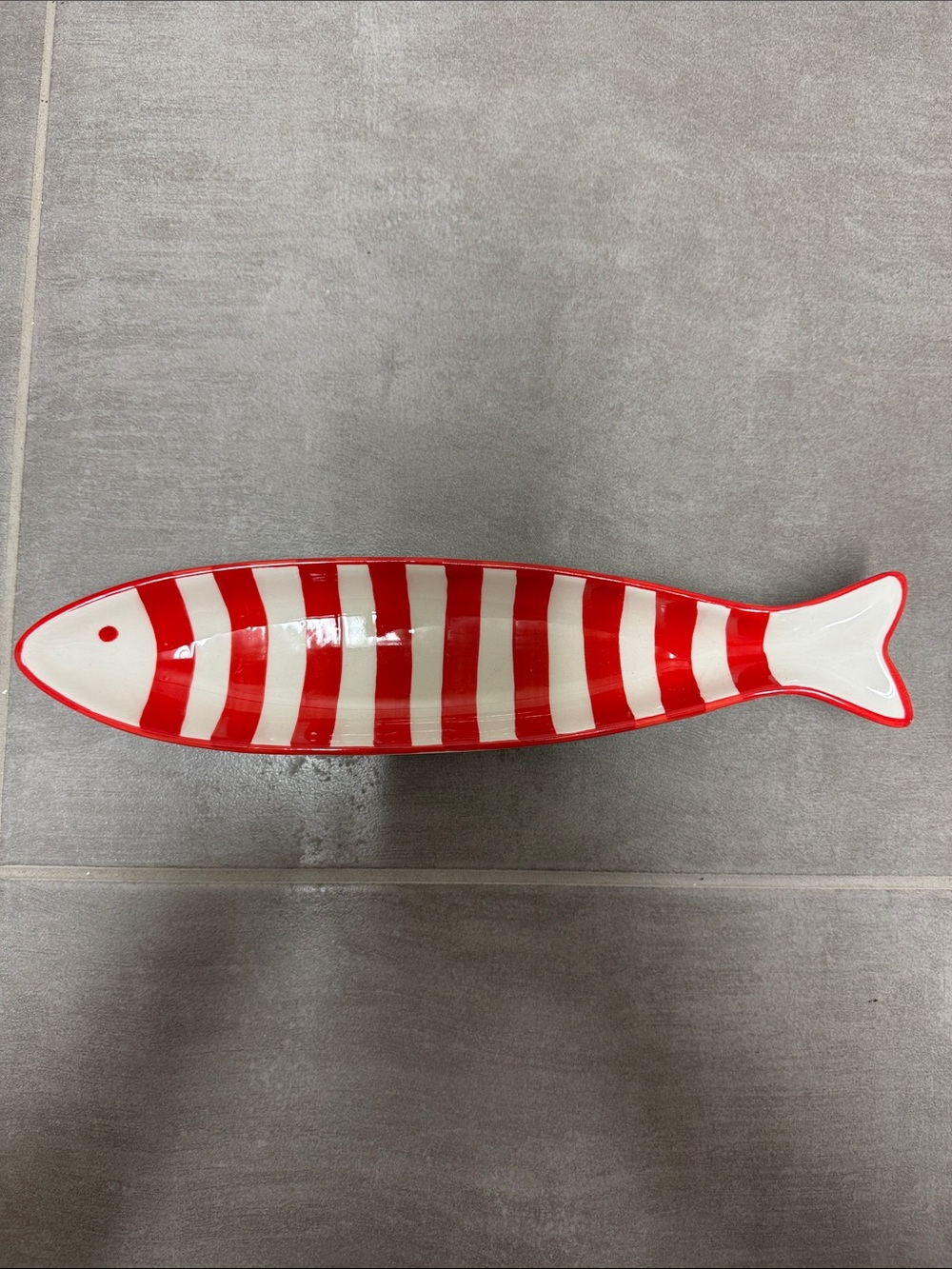 Red & White Striped Fish-Shaped Ceramic Dish